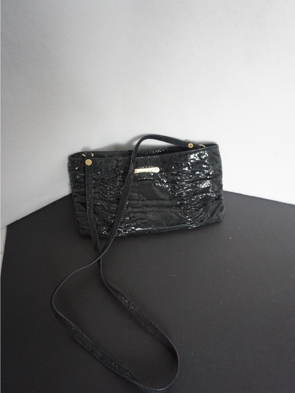MICHAEL Michael Kors Black Patent Small Crossbody Zip Bag Gold Hardware